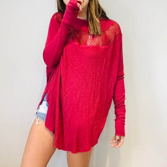Free People pink lace inset oversized thermal - Picture 5 of 9